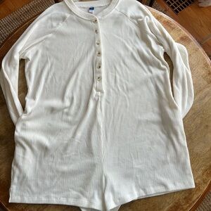 Sleep PJ Pajama Romper Long John Shorts Cream Ribbed Button-Up With Pockets!